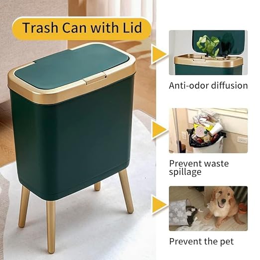 Procade Trash Can with Lid,Small Bathroom Garbage Can with Lid, Plastic Trash Can with Push Button,Narrow Waste Basket for Bedroom,Living Room, Toilet,Office,Kitchen,4 Gal-Gold Edge