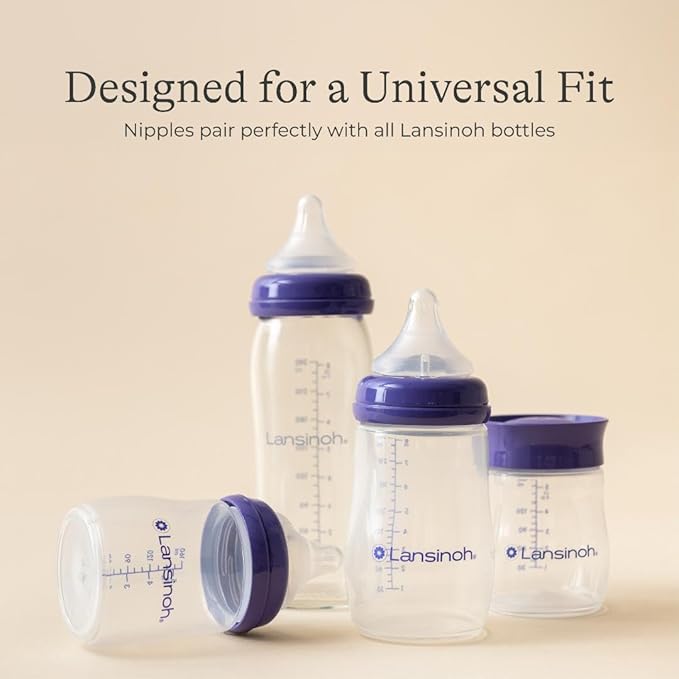 Lansinoh Anti-Colic Baby Bottles for Breastfeeding Babies, 8 Ounces, 4 Count, Includes 4 Medium Flow Nipples, Size M