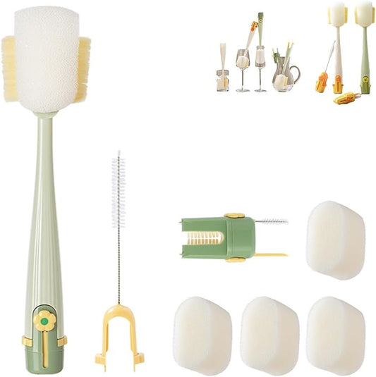 5 in 1 Bottle Cleaning Brush Set, Multifunctional Bottle Cleaning Brush Set, Water Bottle Cleaner Brush, Straw Cleaner Brush for Baby Bottles, 3 Replacement Sponge Brush Heads (Green)