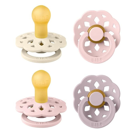 BIBS Boheme Soother 4-Pack | BPA Free Dummy Pacifier | Round Nipple | Natural Rubber Latex | Made in Denmark | Size 0-6 Months | Blossom Mix