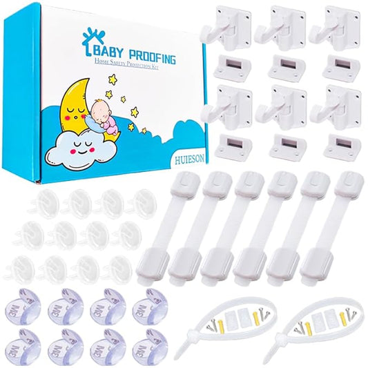 40 Pack Baby Proofing Kit | Hidden Cabinet Drawer Locks, Adjustable Latches, Outlet Covers, Corner Guards & Anti Tip Furniture Anchors Kit. Protecting Baby from Safety Hazards in Your Home.