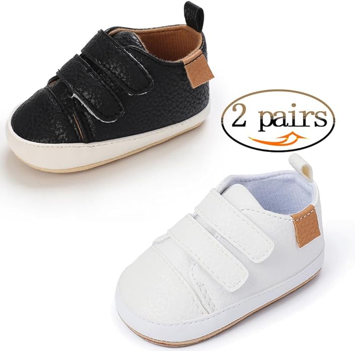 2Pairs Baby Shoes,Boys Girls Non-Slip Rubber Sole Sneakers,Unisex Infant Soft Lightweight First Walking Crib Shoes