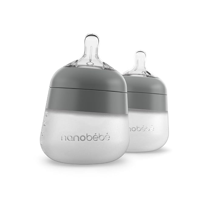 Nanobebe Flexy Silicone Baby Bottle, Anti-Colic, Natural Feel, Non-Collapsing Nipple, Non-Tip Stable Base, Easy to Clean 2-Pack, Gray, 5 oz