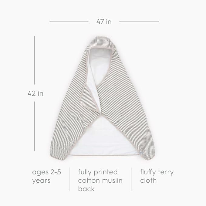 Little Unicorn Premium Hooded Bath Towel| Absorbent Cotton & Terry Blend | Larger Size, 1-6 Years (Grey Stripe)