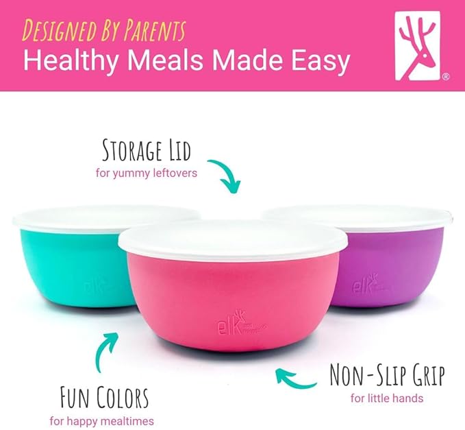 Elk and Friends Stainless Steel Bowls + Silicone Sleeve and Storage Lid | Baby, Toddler, Kids | Cereal & Snack Bowls | Storage Containers | Dishwasher Safe | 4 Pack