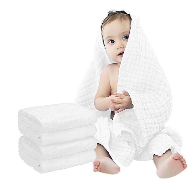 FOOK FISH Muslin Baby Towel Super Soft and Absorbent Cotton Baby Bath Towels 2 Pack 6 Layers Infant Newborn Blanket Toddler and Kids Large 40 x 40inches (White)