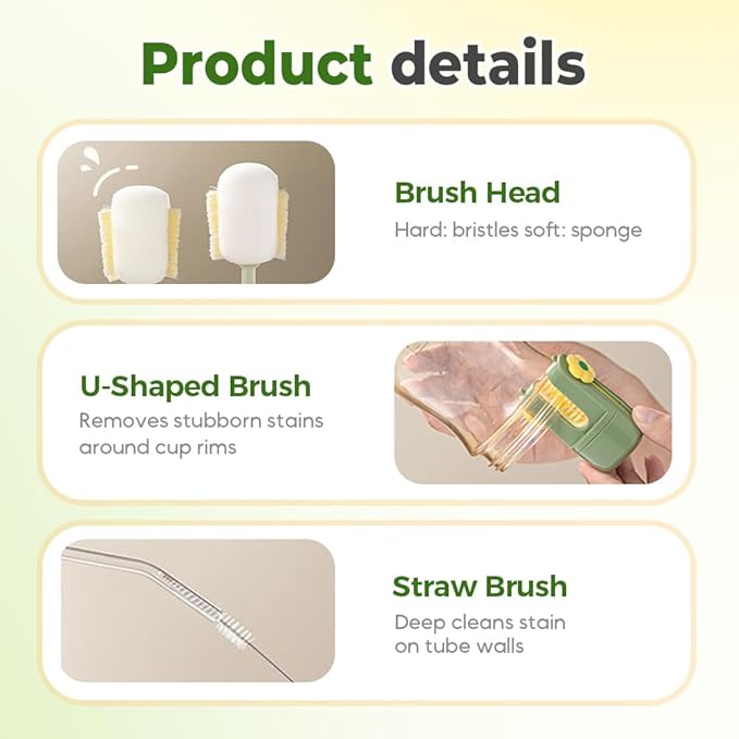 5 in 1 Bottle Cleaning Brush Set, 2025 Multifunctional Lid Brush Cleaning Tool Kitchen, Portable Long Handle Bottles Scrubber for Cup Lids, Hard Bristle Sponge Head Bottle Brushes (Green)