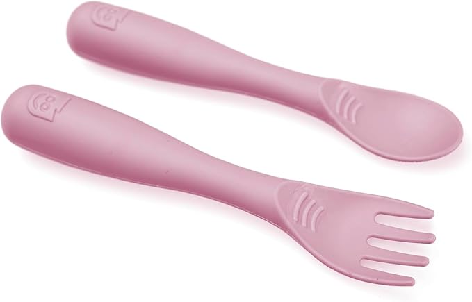 Talktools Bitsy Feeding Kid's Essentials Plate Set – Toddler Utensils, Spoon and Fork, Plate Lid, Perfect for Mealtime – Strong Suction Toddler Plates with 4 Compartments (Spoon/Fork-Bubblegum)