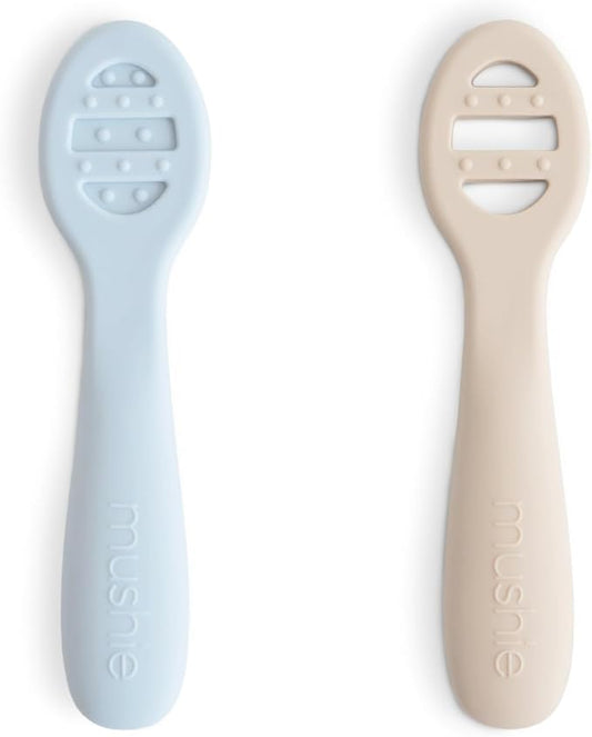mushie Silicone First Feeding Baby Spoons | 2 Pack (Powder Blue/Shifting Sand)