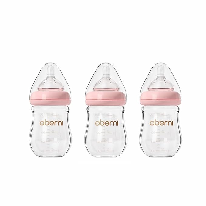 Glass Baby Bottles,Anti Colic Breastfeeding Bottle with Natural Response Nipple Size S,Wide Neck Slow Flow Baby Bottle for Baby,Newborn,Preemie 0-3 0-6 Month,BPA Free (Pink, 5 Ounce，3 Pack)