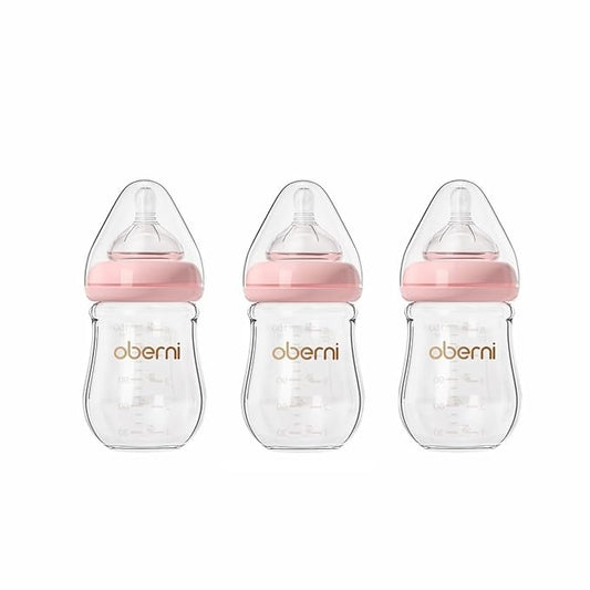 Glass Baby Bottles,Anti Colic Breastfeeding Bottle with Natural Response Nipple Size S,Wide Neck Slow Flow Baby Bottle for Baby,Newborn,Preemie 0-3 0-6 Month,BPA Free (Pink, 5 Ounce，3 Pack)