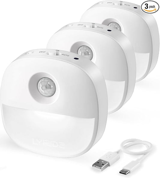 Lyridz Rechargeable Night Light, Motion Sensor Battery Nightlights, Mini Stick-on LED Closet Light, 1-20LM Dimmable Brightness for Bedroom, Kitchen, Washroom, Stairs, Hallway, 3-Pack