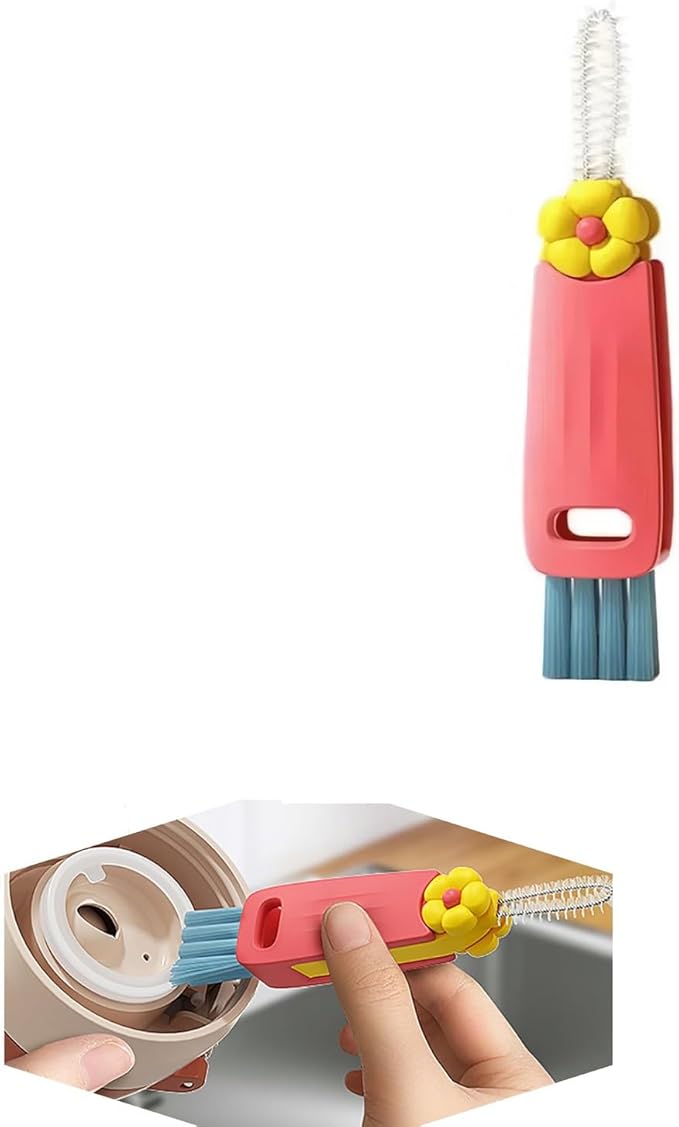 Mini Bottle Brush- Deep Clean Bottle Necks, Straws & Cup Lids, 3-in-1 Tight Space Scrubber for Water Bottles, Travel Mugs, Home Kitchen&Office. Dishwasher Safe(Red)