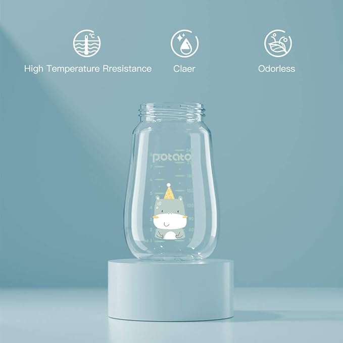 POTATO Glass Baby Bottles, Anti-Colic Breastfeeding Bottles with Medium Flow Nipple, Suitable for Babies 3-6 Months, 2 Replaceable Nipples, 6 oz, Blue