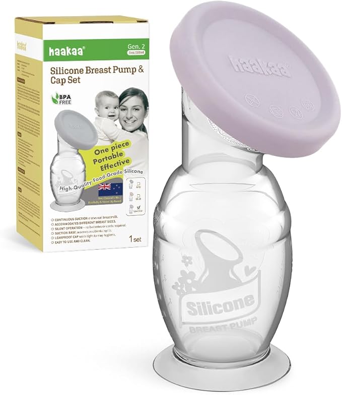 haakaa Manual Breast Pump & Silicone Cap Combo for Nursing Mom (Lavender, 5oz. with Base)