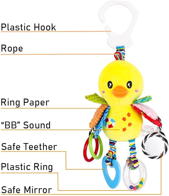 D-KINGCHY Baby Car Seat Stroller Toys Plush Hanging Animal Stuffed Rattle with Teether Sound for 0-3 Years Old (Duck)