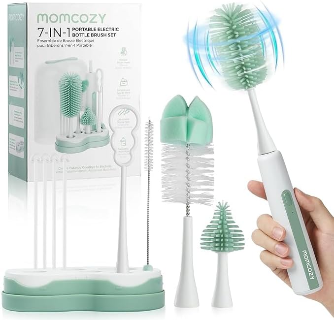 Momcozy 7 in 1 Electric Bottle Brush Kit, Portable Cleaning Set with Formula Mixer, Silicone Brush, Nipple Brush, Straw Brush, Soap Dispenser, Drying Rack - Long Battery Life for Home & Travel