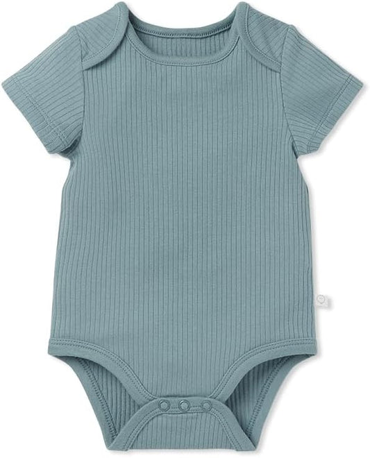 MORI Baby Ribbed Short Sleeve Bodysuit with Envelope Neck and Nickel Free Poppers - Unisex Toddler Romper for Boys and Girls