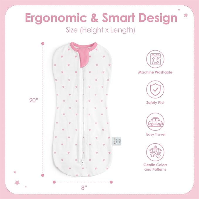 Baby Swaddle 0-2 Months, Cotton Arm-In Zipper Sleep Sack, Wearable Blankets Wrap for Newborn Infant Girls (Strawberry, Heart, Pack of 2)