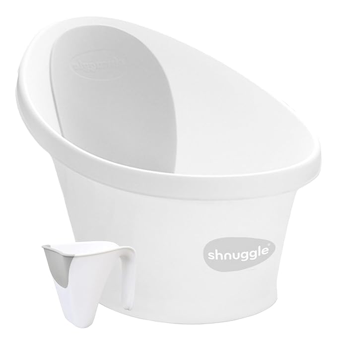 Shnuggle Newborn Bath Essentials Bundle | Baby Bath with Support Bump and Soft Backrest & Rinse Jug | Safe, Gentle, and Stylish Bathtime Set for Babies & Toddlers | White/Grey