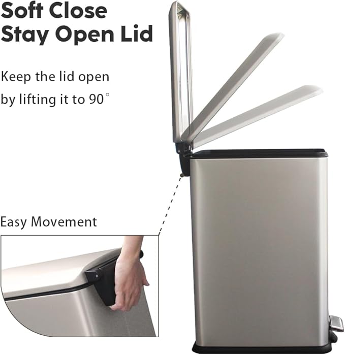 Bathroom Bin 17L, Kitchen Bins Small Trash Can with Soft Close Lid,Slim Pedal Bin with Removable Inner Bucket for Home,Bathroom,Kitchen,Bedroom,and Office.Grey