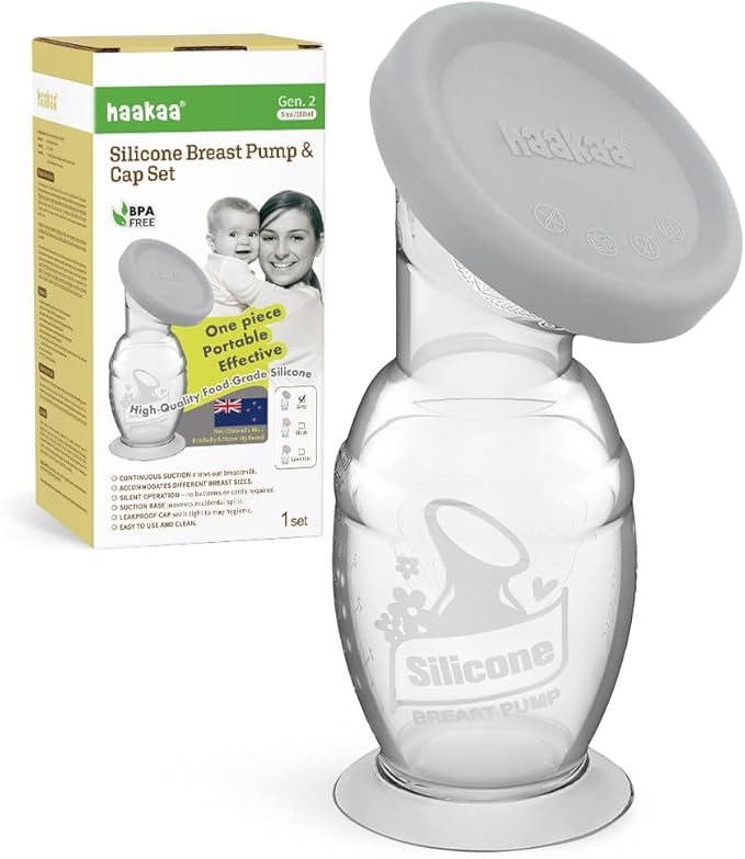 haakaa Manual Breast Pump & Silicone Cap Combo for Nursing Mom (Gray, 5oz. with Base)