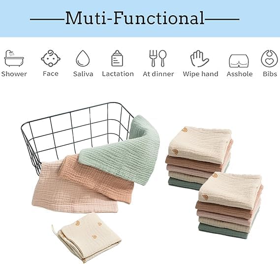 100% Cotton Baby Muslin Washcloths, 5 Pack Multi-Color Soft Baby Towels, Saliva Towel Set for Burping, Newborn Gift, Onesize, Black