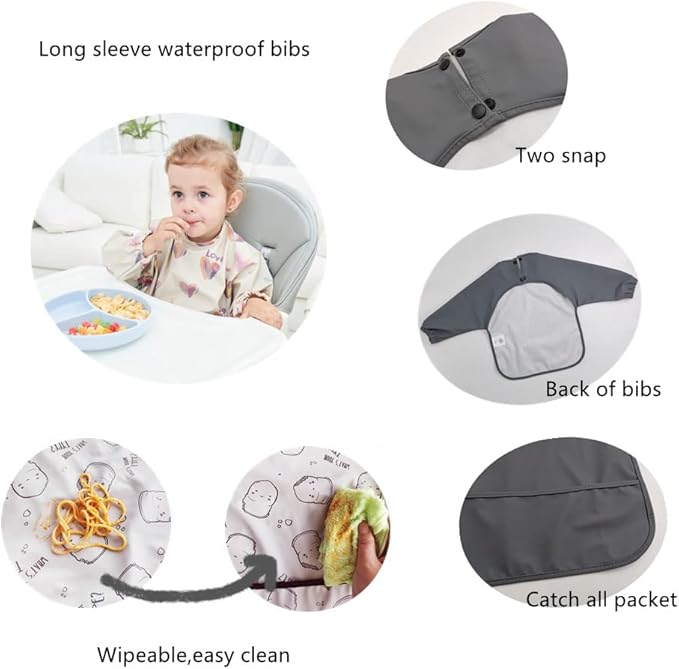 GZMM Waterproof Baby Bibs,Infant Toddler Long Sleeve Feeding Bib With Food Catcher,Wipe Clean & Washable