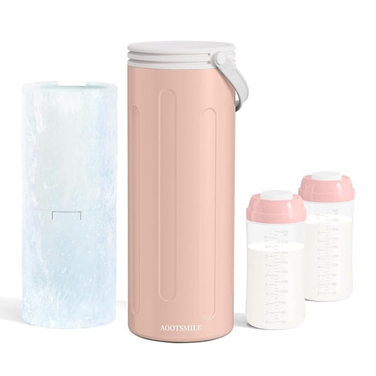 Portable Breast Milk Cooler for Travel, 22oz Large Capacity Breastmilk Chiller for Working Moms, 360° Cooling Keeps Milk Chilled 24 Hours, Includes 2 Baby Bottles, Breastfeeding Essentials