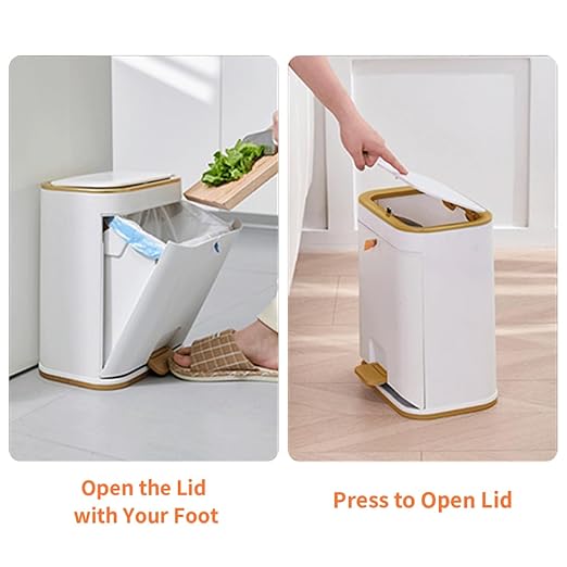 Bathroom Trash Can with Lid, Plastic 3 Gallon Garbage can with Press top Lid Gold Step Pedal Trash can, Narrow White Trash bin for Bathroom, Bedroom, Restroom, Living Room, Office, Dog Proof Trash Can