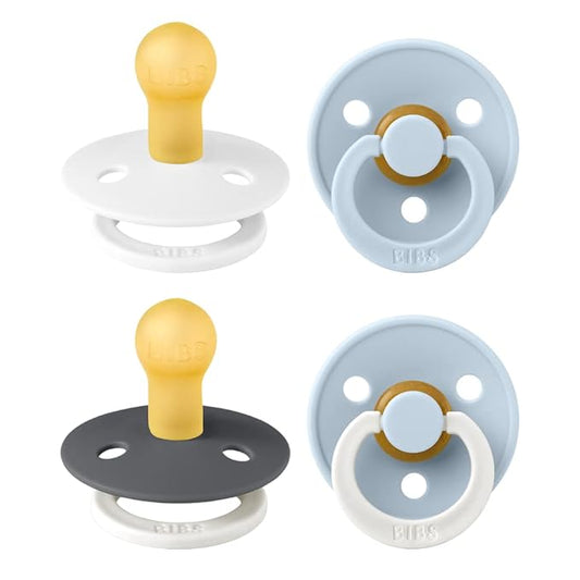 BIBS Colour Soother 4-Pack | BPA Free Dummy Pacifier | Round Nipple | Natural Rubber Latex | Made in Denmark | Size 0-6 Months | White Glow Mix