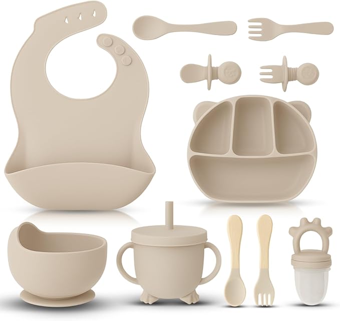 12 Piece BPA-Free Silicone Baby Feeding Set,Non-Slip Suction Plates,Soft Baby Bowls, Wooden Utensils & More ，Make Feeding Time Safe,Dishwasher Safe – Ideal for 6+ Months