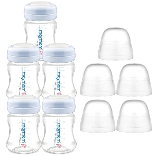 Maymom Wide-Mouth Milk Storage Collection Bottle with Dome Cap, Bottle Top, SureSeal Sealing Disk; Can Replace Spectra S1 S2 Bottles, 5 pc (4.7Oz/140mL)