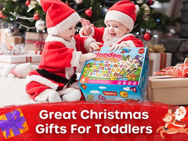 SYNARRY Wooden Puzzles for Toddlers 1-3, 6XSET Puzzles for Toddlers 2-4 with Rack, Learning Alphabet Number Shape Animal Dinosaur Vehicle, Education Toddler Puzzles Toys Gifts for 2 3 Years Boys Girls