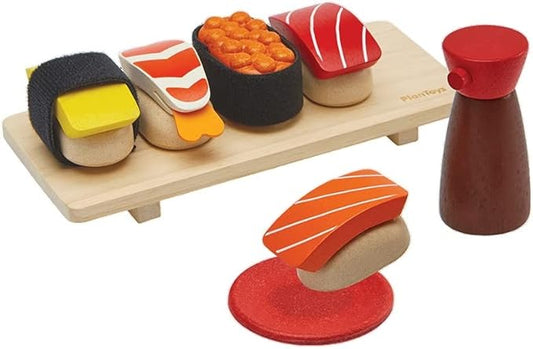 PlanToys® Wooden Pretend Play Food Sushi Kit for Kids | Kitchen Toy Includes Sushi Rolls, Nigiri, Soy Sauce Bottle & Serving Tray | Montessori Kitchen Role Play Toy for Toddlers