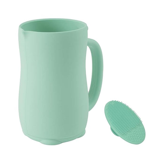mandoo Baby Bath Rinse Cup - Food Grade Silicone - Shampoo & Body Washing Rinser Cup for Kids with Easy Grip Handle to Rinse Baby Shampoo and Soap - Baby Essentials (Mint+Brush)