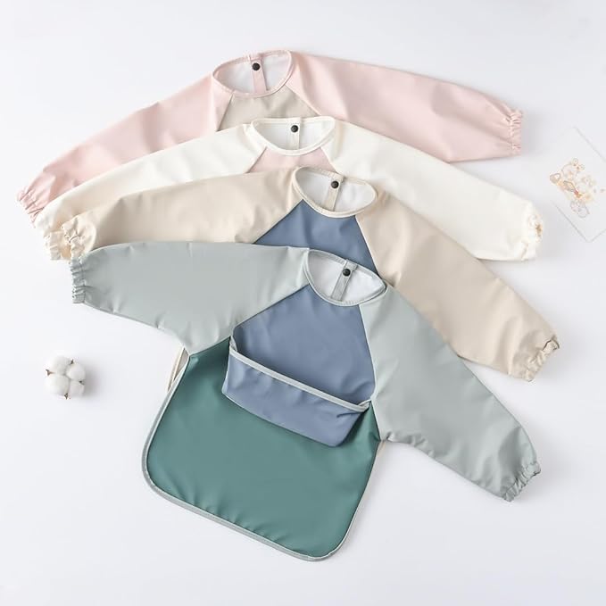 GZMM Waterproof Baby Bibs,Infant Toddler Long Sleeve Feeding Bib With Food Catcher,Wipe Clean & Washable