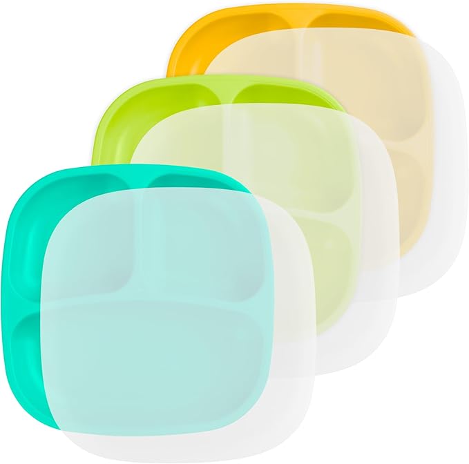 Re-Play Toddler Plates with Dividers - Deep-Walled 3 Compartments Divided Plates for Kids with 3 Lids - Dishwasher & Microwave Safe - Made in USA - Set of 3-7.37" x 7.37" x 1.25" - Aqua Asst