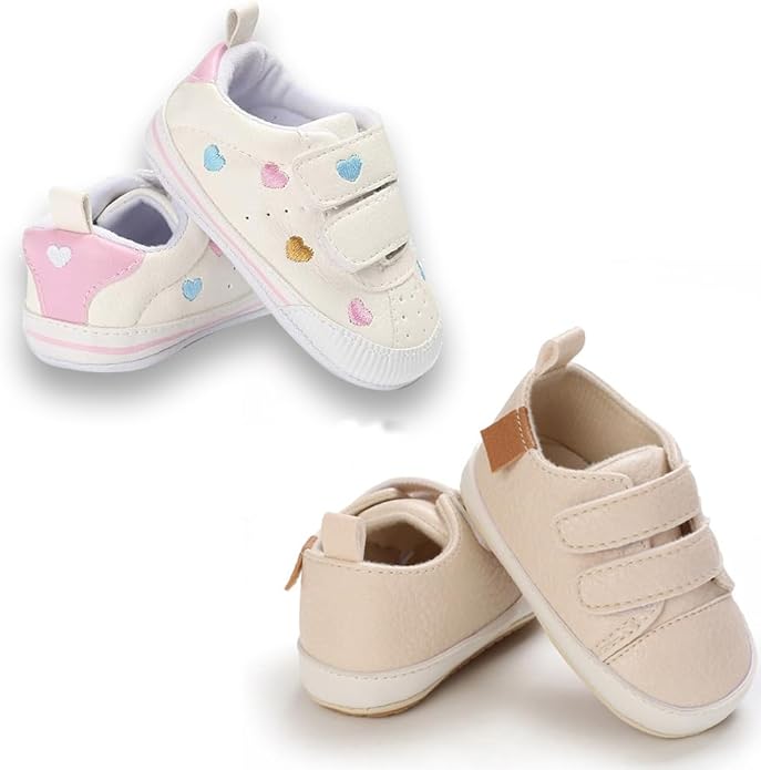 2Pairs Baby Shoes,Boys Girls Non-Slip Rubber Sole Sneakers,Unisex Infant Soft Lightweight First Walking Crib Shoes
