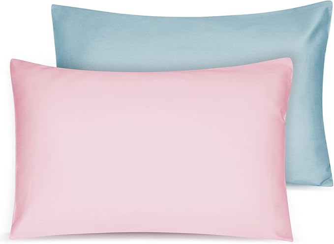Soft Organic Cotton Toddler Pillowcases 14 X 20 Inches, Fit 13 X 18, 14 X 19 Pillows, Smooth Pearl Cotton Baby Pillowcases with Envelope Closure, Pink and Sterling Blue, Set of 2