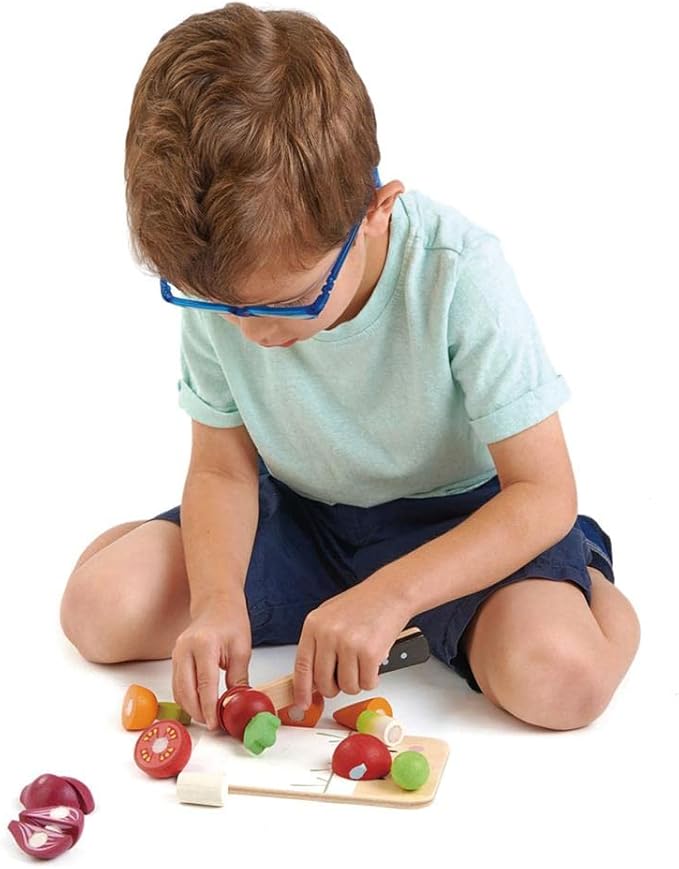 Tender Leaf Toys - Mini Chef Chopping Board - 16 Pcs Wooden Cutting Vegetable Toys with Knife - Accessories for Play Kitchen with Drawstring Bag - Develops Fine Motor Skills for Kids - Age 3+