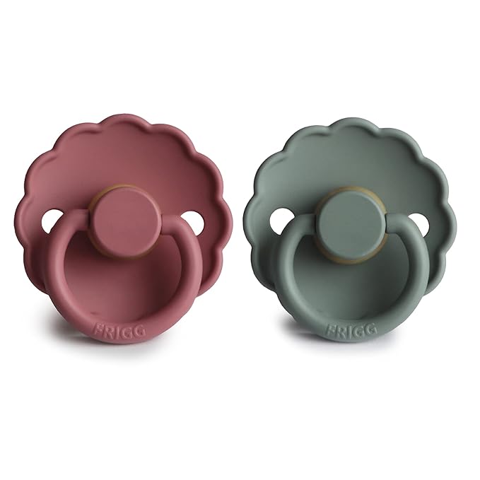 FRIGG Daisy Natural Rubber Baby Pacifier | Made in Denmark | BPA-Free (Dusty Rose/Lily Pad, 0-6 Months) 2-Pack