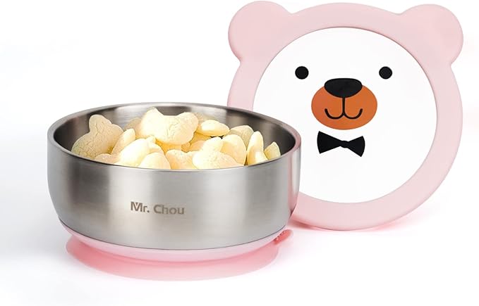 MR. CHOU Food-Grade Stainless Steel Baby Bowls with Leakproof Tempered Glass Lid, First Stage Baby Led Weaning Supplies for Boys & Girls, Silicone Suction Bowls for Baby Feeding (Pink)