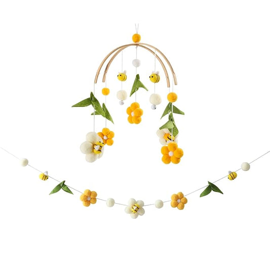 Baby Mobile for Crib Crib Nursery Mobile for Boys Girls Boho Bee Flower Nursery Decor Soothe Toy Baby Shower Set for Infant Bedroom Hanging Decoration Toy