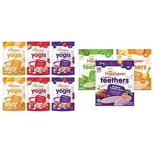 Happy Baby Organics Yogis Freeze-Dried Yogurt & Fruit Snacks, Variety Pack (Pack of 6) & Teether, 3 Flavor Variety Pack, 12 Count (Pack of 3)