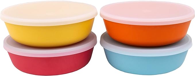 WeeSprout Bamboo Kids Bowls with Lids, Set of Four 15 oz Kid-Sized Bamboo Bowls, Bamboo Kid Bowls with Lids for Leftovers, Dishwasher Safe (Blue, Yellow, Orange, & Red)