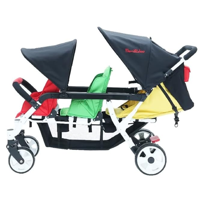Familidoo H3E 3 Seat Baby Stroller - Tandem Daycare Triple Stroller with 5 Point Safety Harness - for Infants & Toddlers 0-3 Years - Lightweight & Foldable - All Reclining Seats