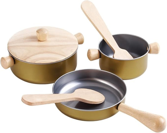 PlanToys Wooden and Metal Cooking Utensils, Pots, & Pans Kitchen Playset (3413) | Sustainably Made from Rubberwood and Non-Toxic Paints and Dyes