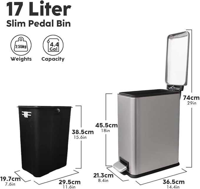 Bathroom Bin 17L, Kitchen Bins Small Trash Can with Soft Close Lid,Slim Pedal Bin with Removable Inner Bucket for Home,Bathroom,Kitchen,Bedroom,and Office.Grey