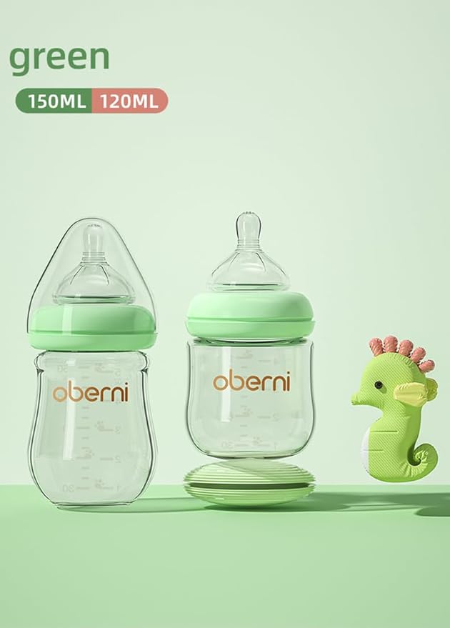 Glass Baby Bottles,Anti Colic Breastfeeding Bottle with Natural Response Nipple Size S,Wide Neck Slow Flow Baby Bottle for Baby,Newborn,Preemie 0-3 0-6 Month,BPA Free (Green, 2 Pack, 5 Ounce)